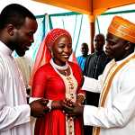 **

A vibrant Sierra Leonean wedding ceremony. A Muslim Imam and Christian Pastor are jointly blessing a newly married couple. The scene shows a mix of Muslim and Christian guests, reflecting the interfaith harmony. Include details of West African clothing and cultural elements.

**