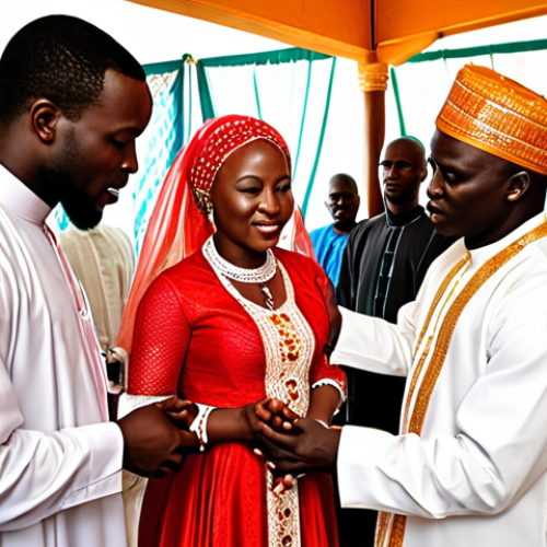 **

A vibrant Sierra Leonean wedding ceremony. A Muslim Imam and Christian Pastor are jointly blessing a newly married couple. The scene shows a mix of Muslim and Christian guests, reflecting the interfaith harmony. Include details of West African clothing and cultural elements.

**
