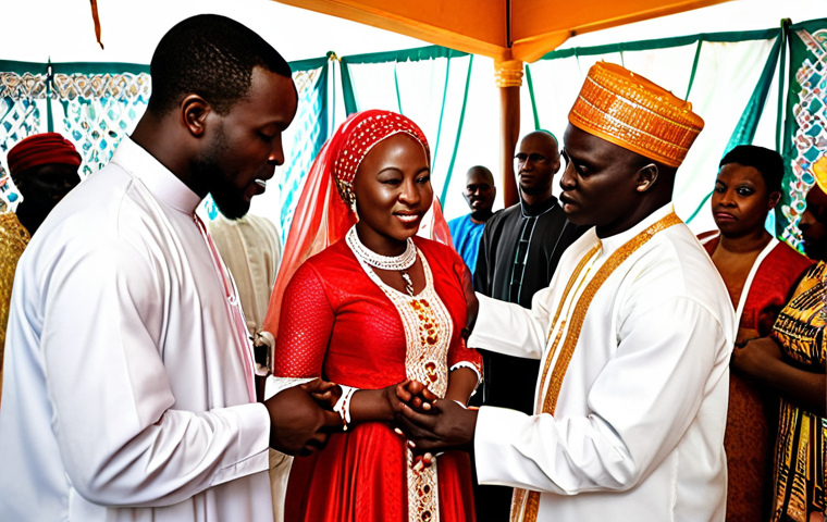 **

A vibrant Sierra Leonean wedding ceremony. A Muslim Imam and Christian Pastor are jointly blessing a newly married couple. The scene shows a mix of Muslim and Christian guests, reflecting the interfaith harmony. Include details of West African clothing and cultural elements.

**