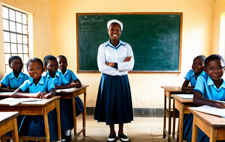 **

"A bright and vibrant classroom in Sierra Leone, filled with children in modest school uniforms, learning enthusiastically. A dedicated teacher, fully clothed in professional attire, stands at the blackboard. Sunlight streams through the windows. The scene emphasizes the importance of education for girls. Safe for work, appropriate content, perfect anatomy, correct proportions, family-friendly, high quality, well-formed hands, proper finger count, natural pose."

**