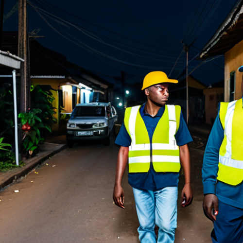 Community Watch in Freetown**

"A diverse group of fully clothed community members, including men and women, patrolling a modestly lit street in a residential neighborhood of Freetown at night. They are carrying flashlights and wearing reflective vests, appropriate attire, safe for work, showing a sense of unity and vigilance. The background shows modest houses and some street vendors. Perfect anatomy, natural pose, correct proportions, well-formed hands, proper finger count, professional, modest, family-friendly."

**