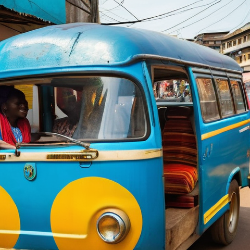 시에라리온 대중교통 수단 - **Vibrant Poda-Poda Community Ride**
    "A bustling, close-up shot of a brightly painted poda-poda,...