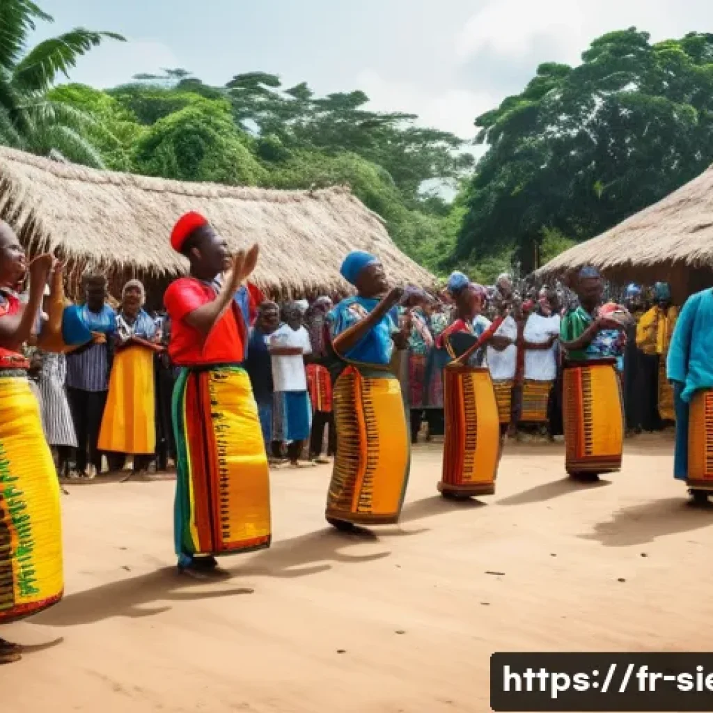 시에라리온 명절 및 축제 - A vibrant traditional dance ceremony in a Sierra Leone village during a festive celebration, featuri...