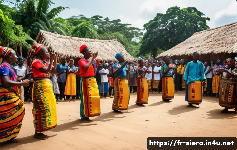 시에라리온 명절 및 축제 - A vibrant traditional dance ceremony in a Sierra Leone village during a festive celebration, featuri...