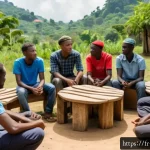 시에라리온 내전 후유증 - A rural Sierra Leonean village scene showing a group therapy session in an open-air community center...
