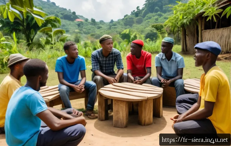 시에라리온 내전 후유증 - A rural Sierra Leonean village scene showing a group therapy session in an open-air community center...