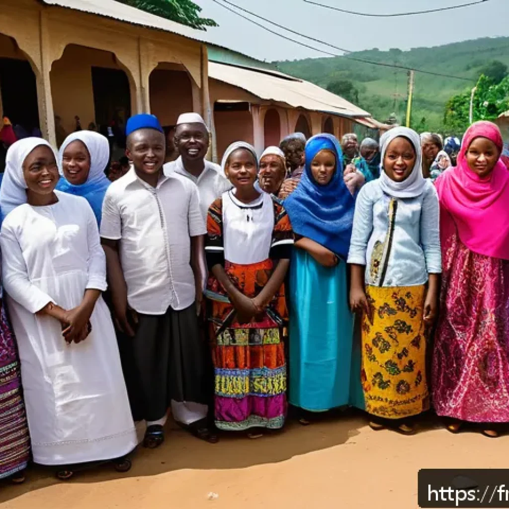 시에라리온 이슬람교와 기독교 - A vibrant street scene in a Sierra Leonean village during a religious festival, showing Muslim and C...