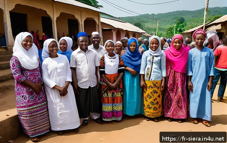 시에라리온 이슬람교와 기독교 - A vibrant street scene in a Sierra Leonean village during a religious festival, showing Muslim and C...