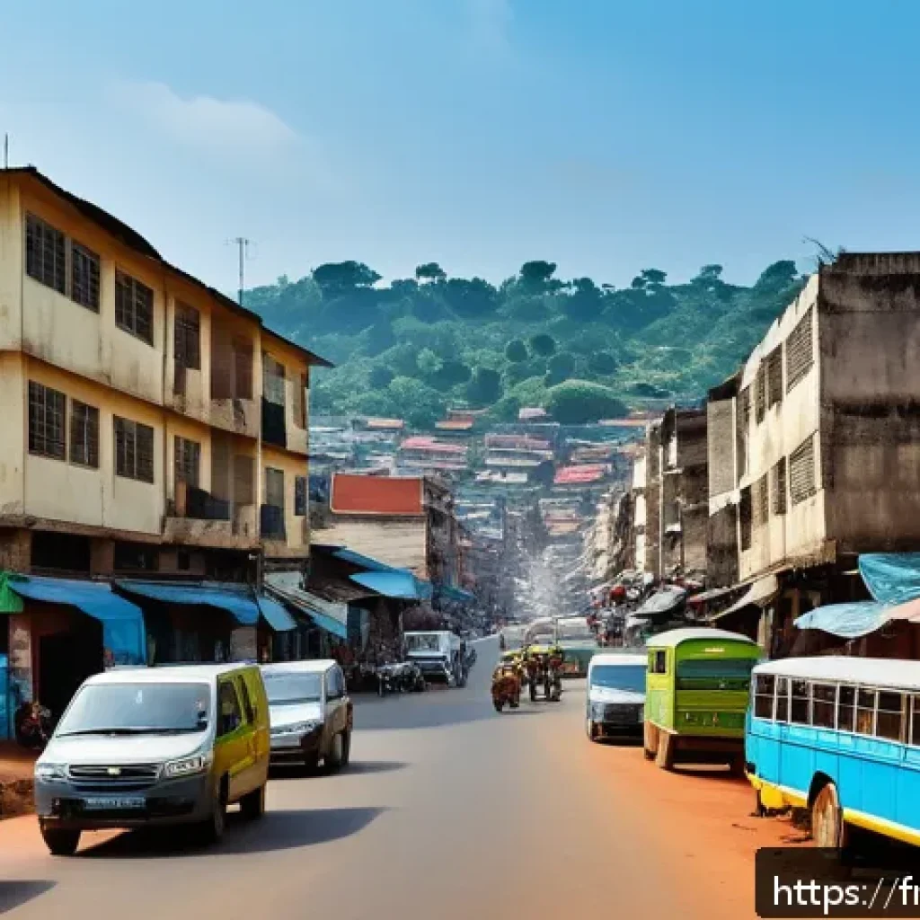시에라리온 투자 기회 - A bustling urban scene in Freetown, Sierra Leone, showcasing rapid urbanization with modern mid-rise...