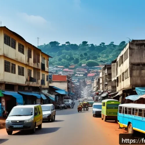 시에라리온 투자 기회 - A bustling urban scene in Freetown, Sierra Leone, showcasing rapid urbanization with modern mid-rise...