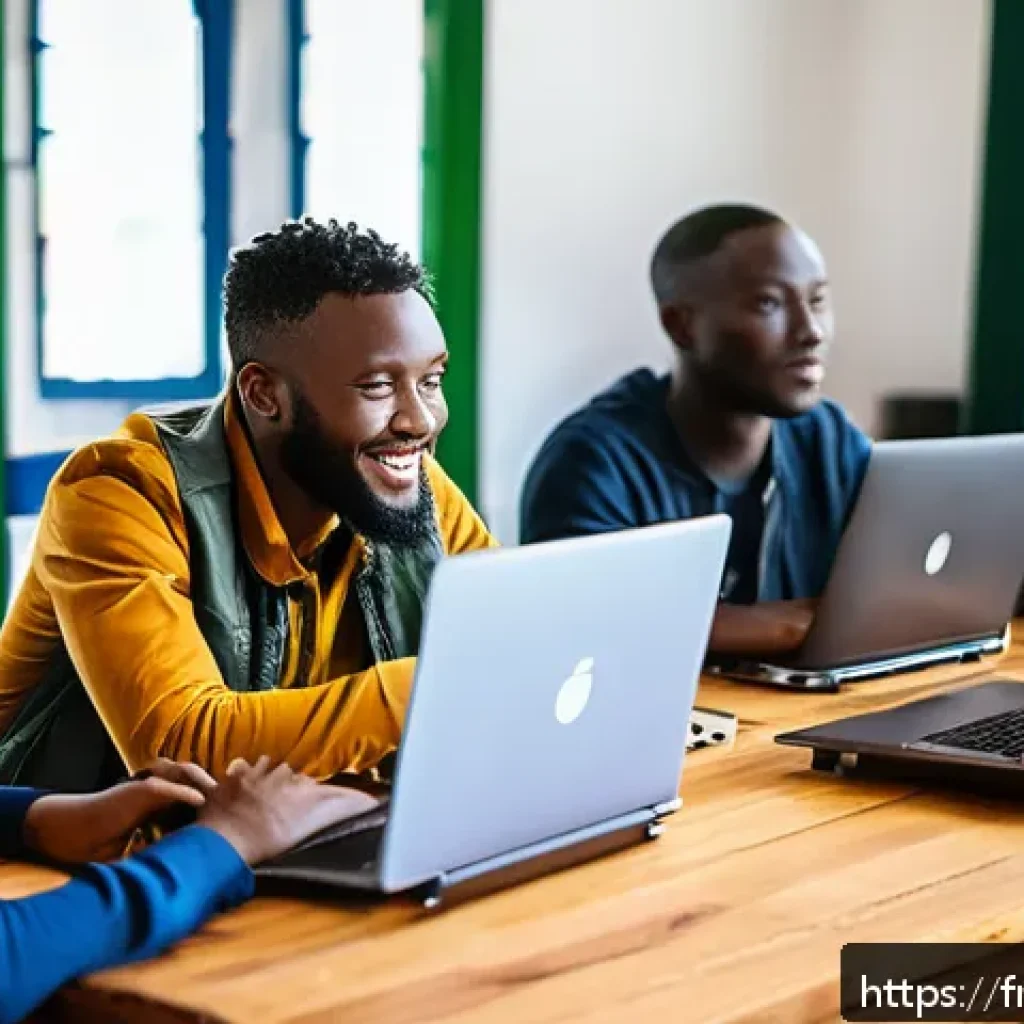 시에라리온 기술 발전 상황 - A vibrant coworking space in Freetown, Sierra Leone, bustling with young African entrepreneurs colla...