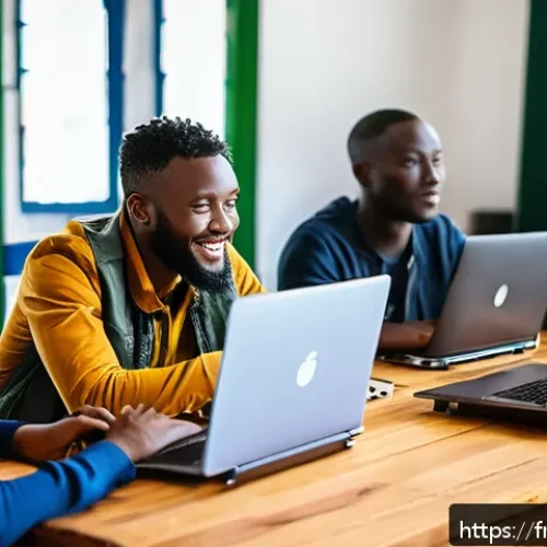 시에라리온 기술 발전 상황 - A vibrant coworking space in Freetown, Sierra Leone, bustling with young African entrepreneurs colla...