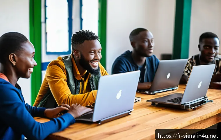 시에라리온 기술 발전 상황 - A vibrant coworking space in Freetown, Sierra Leone, bustling with young African entrepreneurs colla...