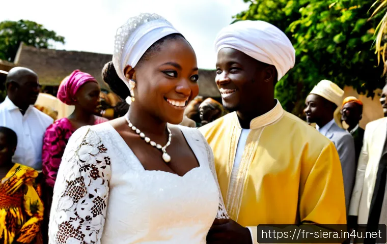시에라리온 결혼 문화 - Photorealistic Sierra Leonean wedding celebration in a sunlit courtyard, elegantly dressed Black bri...